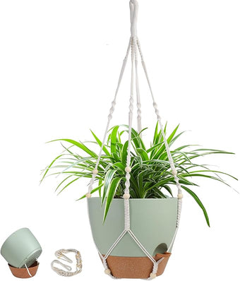 Vanslogreen 41.5 Inch Macrame Plant Hanger Indoor Outdoor with 12 Inch Flower Pot, Hanging Planter for Plants Holder with Wood Beads for Boho Home Decor (Ivory+Green)