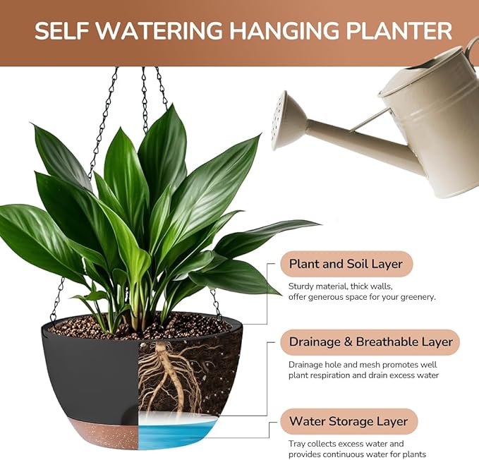 LESOASIS Hanging Planter for Indoor Plants, 10 Inch Self-Watering Hanging Planters with Drainage Holes and Chain, Set of 2 Outdoor Hanging Pots for Garden Home