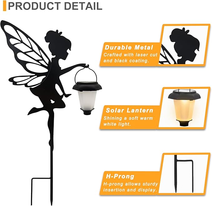 Solar Fairy Garden Stake Decorative Lantern, 2 Pack Metal Fairy Angel Garden Silhouette Lights for Lawn, Pathway, Patio, Yard Outdoor Decor