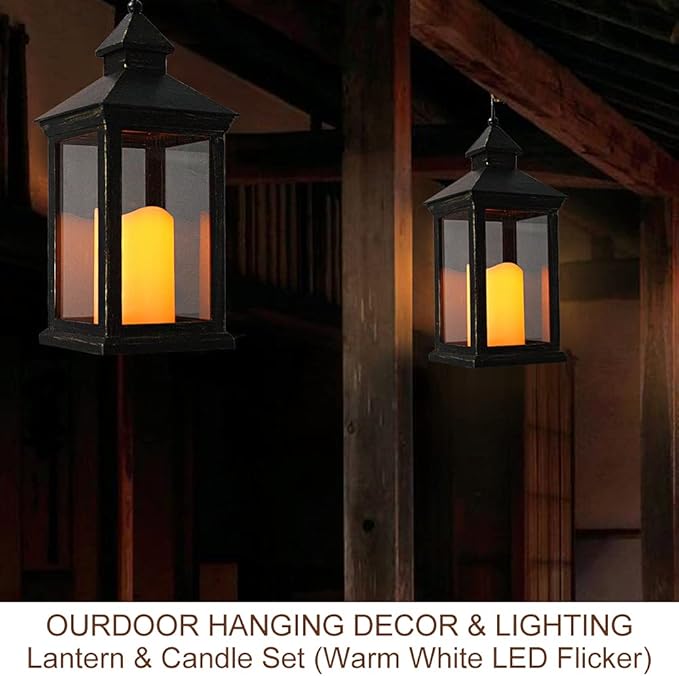 Bright Zeal 2-PACK 14 Inch Vintage Decorative Candle Lanterns With Timer - IP44 Waterproof Distressed Gold Decorative Outdoor Lanterns Battery Powered - Hanging Decorative Lanterns For Wedding Indoors