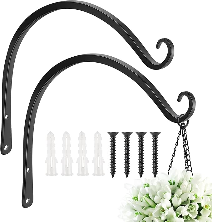 FEED GARDEN 2 Pack 14 Inch Hanging Plant Bracket Wall Hooks Decorative Plant Hangers for Outdoor Hanging Bird Feeders, Wind Chimes, Plant Baskets, Black