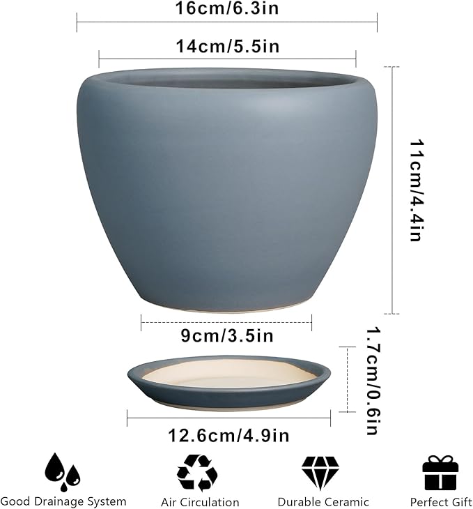 Ceramic Pot for Plants - 6 Inch Plant Pot Indoor with Drainage Hole and Saucer Decorative Planter for Outdoor Plants Modern Succulent Pots Round Flower Pots Gray