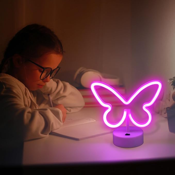 BRIGHTDECK 2 Pack Butterfly Neon Signs, LED Pink Butterfly Sign Battery or USB Powered Decoration Lamp, Neon Lights Heart Decor for Valentines Day, Bedroom, Wedding, Party, Pink Room Decor