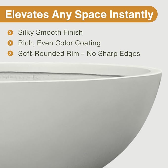 KUTE NEST 6.9" H x 19.7" D Round Bowl Fiberstone Planter for Succulent and Lotus with Drainage Hole, Smooth Finishes, Weather Resistant, Included 2 Extra Coco Mats (Light Gray, 17.9" Pot Opening)