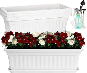 HOXHA 6 Pack Window Box Planter, 17 Inches Vegetable Flower Plastic Planter Boxes with Tray, Rectangular Planter Indoor and Outdoor Flower Pots for Windowsill, Patio, Porch, Garden Balcony, White