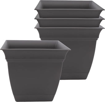 The HC Companies 6 Inch Eclipse Square Planter Pots with Drainage Holes & Attached Saucer, Lightweight UV-Resistant Plastic Indoor Outdoor Planters, 4-Pack Flower Pots for Garden Home Decor, Warm Gray