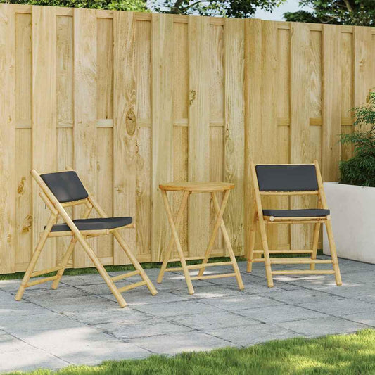 KGFHERENB 3-Piece Bamboo Bistro Set, Foldable Patio Conversation Set with Dark Grey Cushions, Round Table and 2 Chairs for Balcony, Garden and Terrace, Small Space Outdoor Furniture