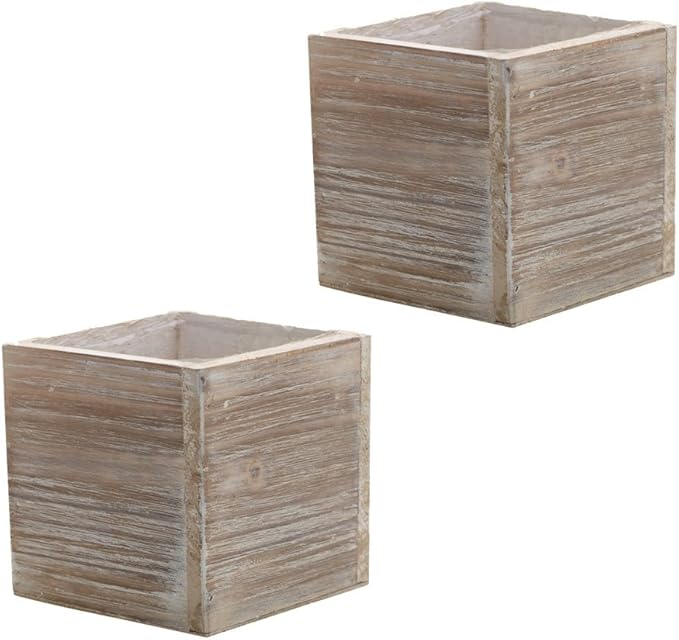 Wood Planter Box, Rustic Whitewash, 6 Inch, Wedding Decor and Floral Arrangements, Country House Charm, Plastic Liners, Wooden Square, Natural Style, (Beige) (Set of 2)