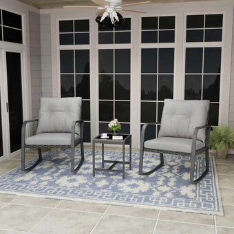 Temminkii Bistro 3 Piece Patio Furniture Set, Patio Table and Rattan Outdoor Rocking Chairs Set of 2, Outdoor Bistro Conversation Set for Garden, Balcony, Poolside, Backyard, Grey