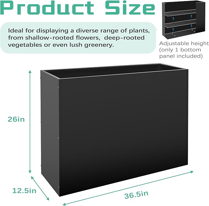Metal Rectangular Planter Box, Large Planter Boxes Outdoor, 37''L x 13''W x 26''H Heavy Duty Plant Box with Removable Insert Shelf, 3 Tier Adjustable Height Tall Garden Planter for Plants, Flowers