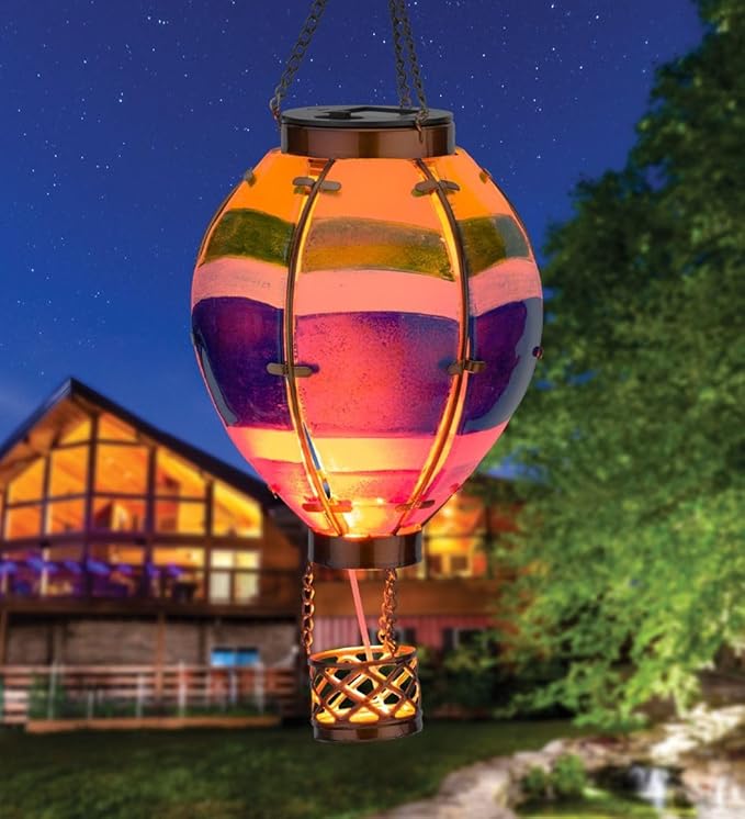Regal Art & Gift Hot Air Balloon Solar Lantern – Hanging Solar-Powered LED Lights, Waterproof Portable Decorative Outdoor Lamp Made of Metal & Glass for Garden, Patios & Pathway – Stripe (Small)