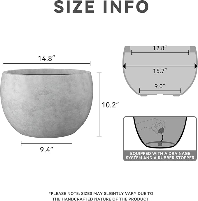 Kante 15.7" Dia Round Concrete Planter, Outdoor/Indoor Large Bowl Plant Pots with Drainage Hole and Rubber Plug for Garden Patio Balcony Home, Natural Concrete