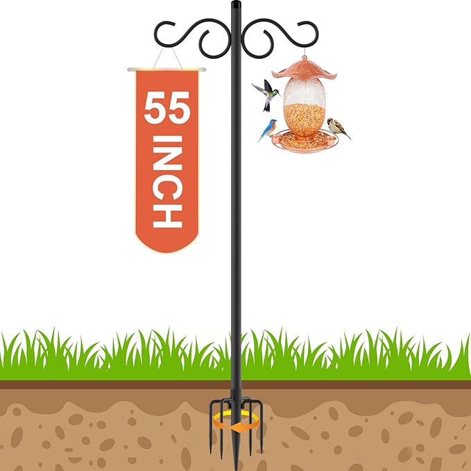Adjustable Shepherd Hooks for Outdoor,1 Pack 55 Inch 5 Prong Base Bird Two Sided Feeder Poles,Heavy Duty Shepherds Hook,Suitable for Garden in Hanging Flower Basket,Lantern,Bird Nests(1 Pack 55 inch)