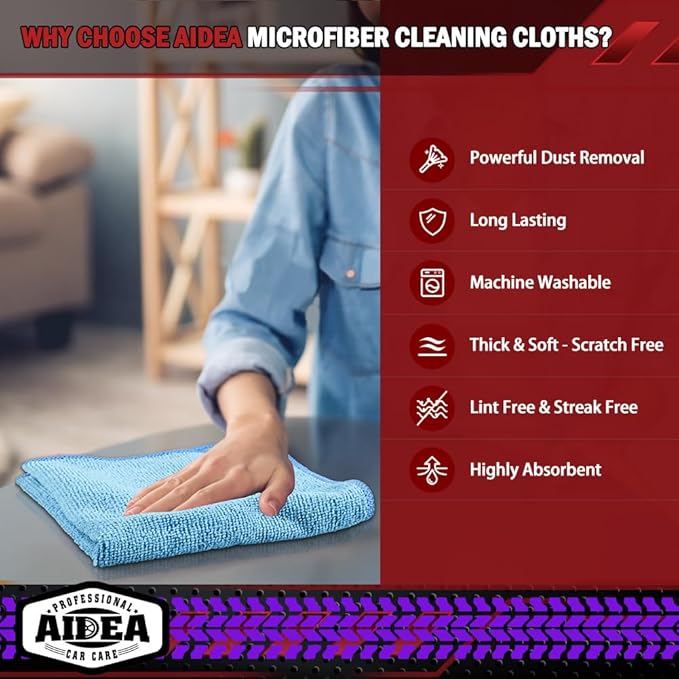 AIDEA Microfiber Cleaning Cloth Blue,150PK, Shop Rags, Microfiber Towels for Cars, Dusting Cloth Lint Free Rags, Absorbent Towels for SUVs, House, Kitchen, Mechanic, Workshops, 12"×12"