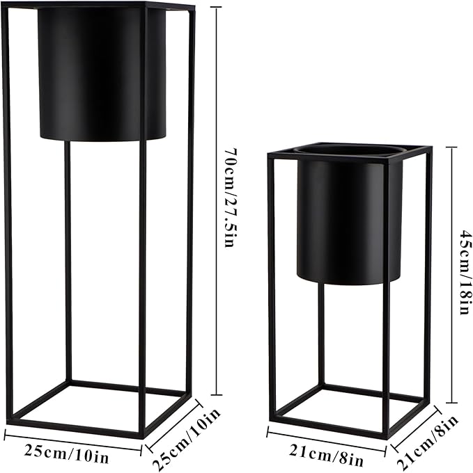 TRIROCKS Set of 2 Planters with Stand Large Metal Planter for Indoor Plants 28 &18" H Plant Pots for Living Room Corner Kitchen Office Garden Balcony Patio Decor(Black)