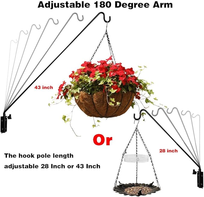 ERYTLLY Extended Reach Deck Hook Wall Pole Wall Mounted, Extensible and Adjustable 28 inch to 43 inch Bracket for Hanging Bird Feeder,Plants,Wind Chimes,Lanterns