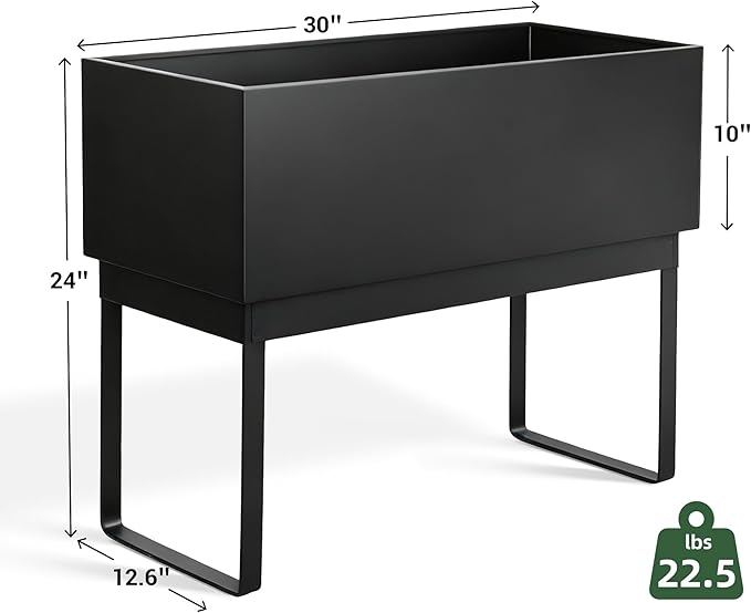 Worth Raised Metal Planter Box with Legs, 30"x12.5"x24" Elevated Garden Bed for Indoor & Outdoor Use – Matte Black Galvanized Steel Planter with Drainage Hole & Plug for Vegetables, Flowers & Herbs