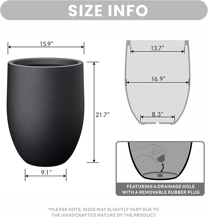Kante Tall Concrete Planter, 21.7-Inch Height Black Large Indoor Outdoor Plant Pot with Drainage Hole for Patio Garden Home, Modern Decor for Flowers and Tree