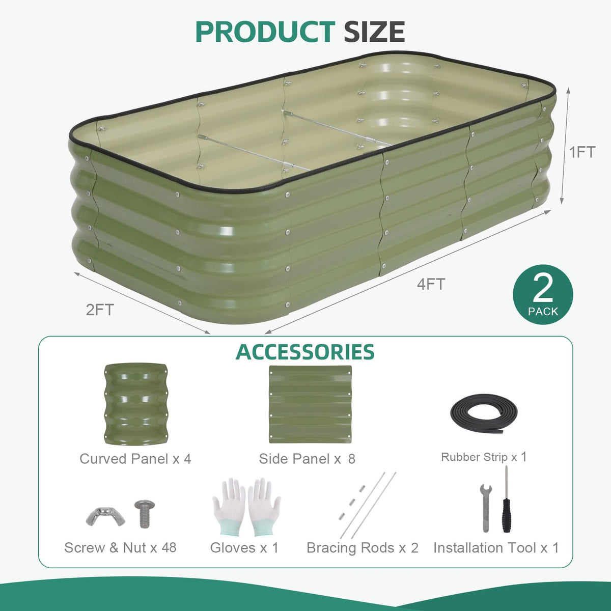 BIRDSINYARD 3 in 1 Galvanized Raised Garden Bed, 4x2x1ft, 2Pack, Green