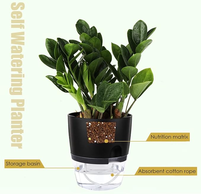 Vanavazon 6 Inch Self Watering Planter Pots for Indoor Plants, 3 Pack African Violet Pots with Wick Rope-Black