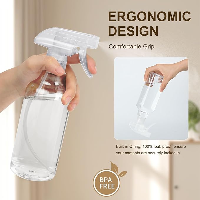 Plastic Spray Bottles, 2-Pack, 16.9 Oz, Mist & Stream, Heavy Duty Spraying, Empty Water Spray Bottle for Cleaning Solutions, Essential Oils, Hair, Plants, BBQ, Cat Dog Behavior Correction (Clear)
