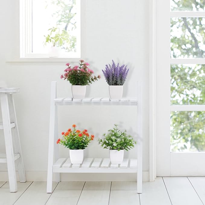 Yoratee Artificial Potted Flowers 4pcs Fake Small Plant in Pot Mini Faux Plant Door House Office Tabletop Kitchen Colorful Greenery Decor