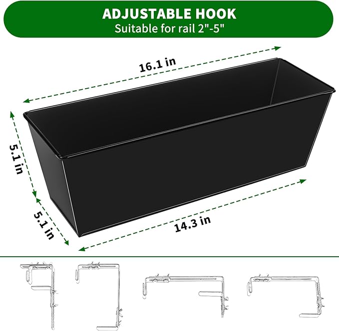Railing Planter for Outdoor Plants 16 Inch Metal Rectangular Window Boxes with Adjustable Brackets and Drainage Hanging Flower Pots for Balcony Deck Railings Apartment Patio Decor Black(4PCS)