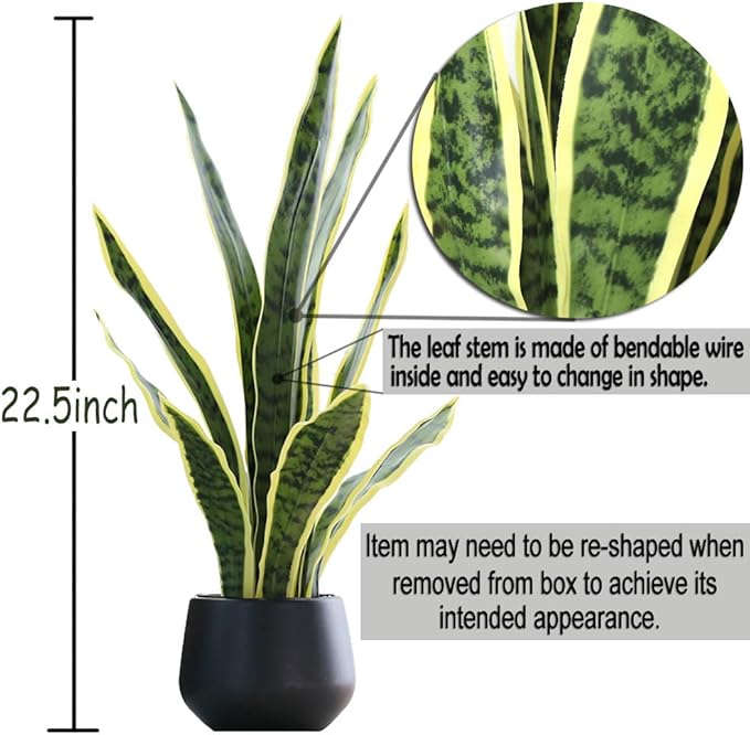 Bird Fiy Artificial Snake Plant 22.5" Faux Agave Fake Sansevieria Artificial Potted Plants for Indoor and Outdoor Home Office Décor
