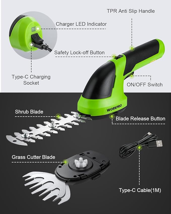 WORKPRO Cordless Grass Shear & Shrubbery Trimmer - 2 in 1 Handheld 7.2V Electric Grass Trimmer Hedge Shears/Grass Cutter Rechargeable Lithium-Ion Battery and Type-C Cable Included