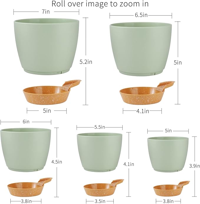 GARDIFE Plant Pots 7/6.5/6/5.5/5 Inch Self Watering Planters with Drainage Hole, Plastic Flower Pots, Planters for Indoor Plants, Succulents,Snake Plant, African Violet, Flowers,Green