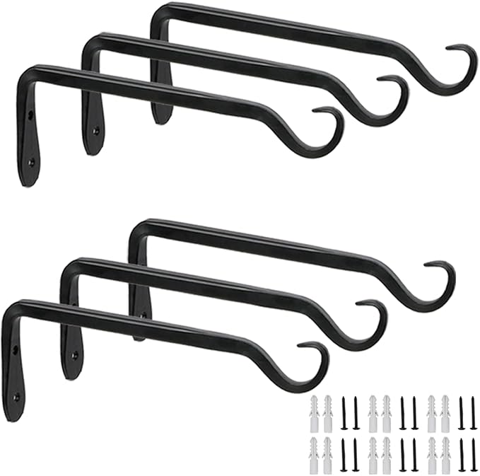 Worth Garden 6-Pack 7" Plant Hanger Bracket - Forged Wrought Iron Powder-Coated Heavy Duty Wall Hook - Black Hanging Hooks - Durable and Stable for Bird Feeders, Planters Indoor & Outdoor