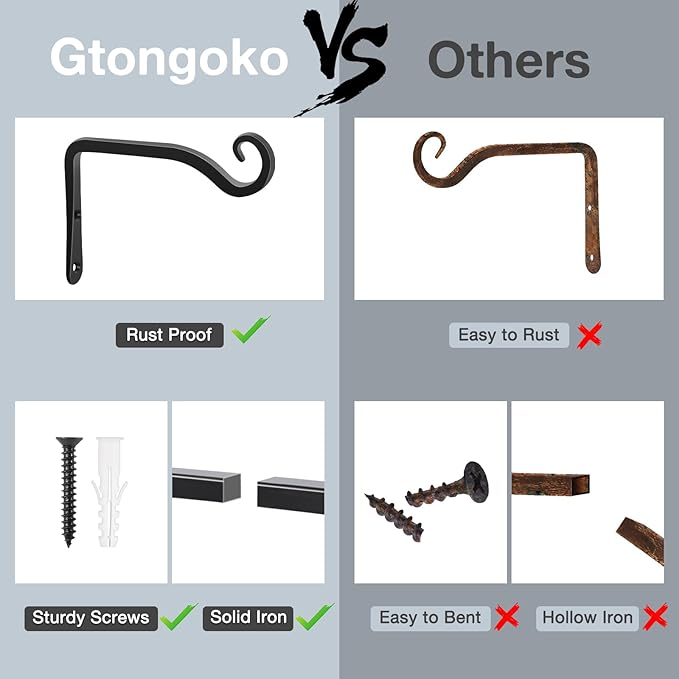 Gtongoko 2 Pack 6 Inch Plant Hangers Outdoor Metal, Plant Hooks for Wall Indoor, Outdoor Hooks for Hanging Bird Feeders, Plant Bracket, Lanterns, Wind Chinme, Black