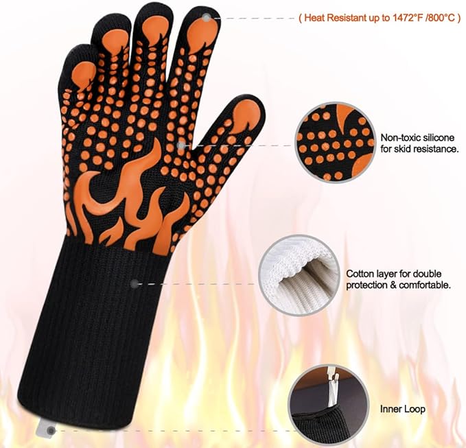 Comsmart BBQ Gloves, 1472 Degree F Heat Resistant Grilling Gloves Silicone Non-Slip Oven Gloves Long Kitchen Gloves for Barbecue, Cooking, Baking, Cutting