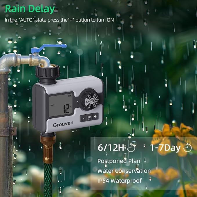 Programmable Garden Sprinkler Timer – Digital Hose Faucet Watering Controller with Brass Inlet, Rain Delay & Manual Mode – Automatic Irrigation System for Lawn & Outdoor Plants
