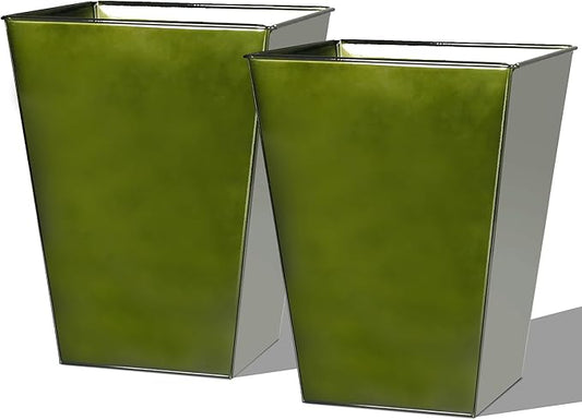 Worth Garden Large Metal Glazed Floor Planter Set of 2-14" Dia x 18" H - Luxurious Glossy Finish Green Tall Square Tapered Steel Plant Pots, Decor Flower Pot Indoor & Outdoor, Drainage Hole