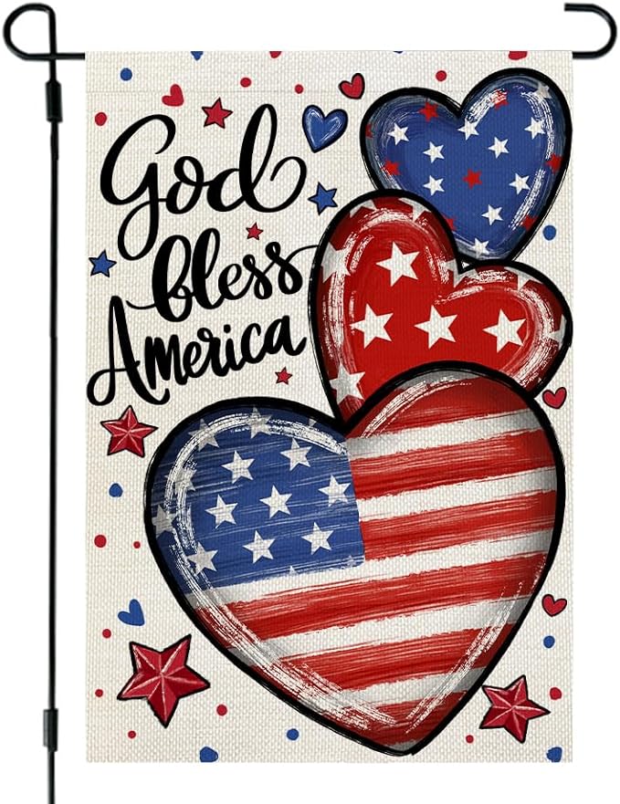 CROWNED BEAUTY 4th of July Garden Flag Patriotic Hearts Double Sided 12x18 Inches for Outside Small Burlap Independence Memorial Veterans Day Holiday Yard Decoration CF1815-12