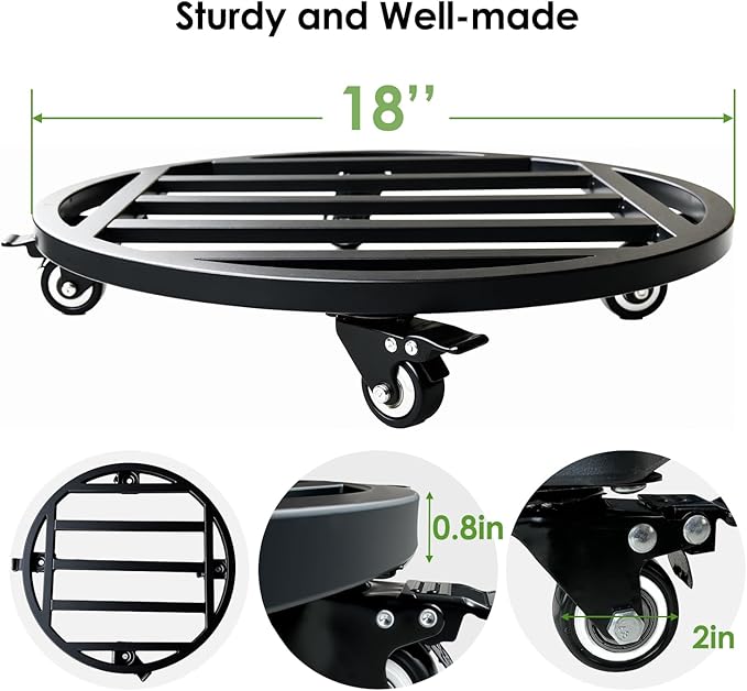 Hongsane 18" Round Plant Stand with Wheels Heavy Duty,Large Metal Plant Caddy Indoor Outdoor Use,Rolling Plant Dolly with Industrial Casters,Rust-Proof Black Plant Tray for Large Planters Pots,2-Pack