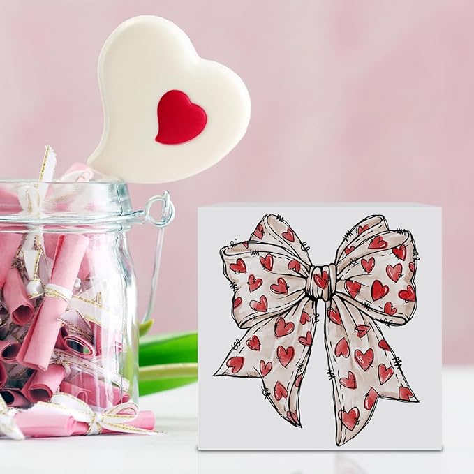Valentines Day Decorations, Valentines Day Gifts for Her Him, Gift for Boyfriend Girlfriend, Romantic Coquette Heart Bow Anniversary Wooden Box Sign Husband Wife Home Office Bedroom Desk Decor