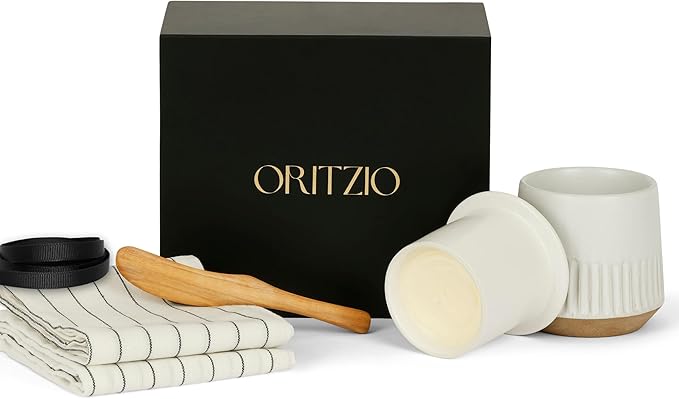 French Butter Crock Gift Set –Housewarming Gift, Gift for Foodie, Holiday Gift, Corporate Gift, Gift for Kitchen |Ceramic Butter Keeper Gift Set with Tea Towels & Olivewood Spreader in Gift Box
