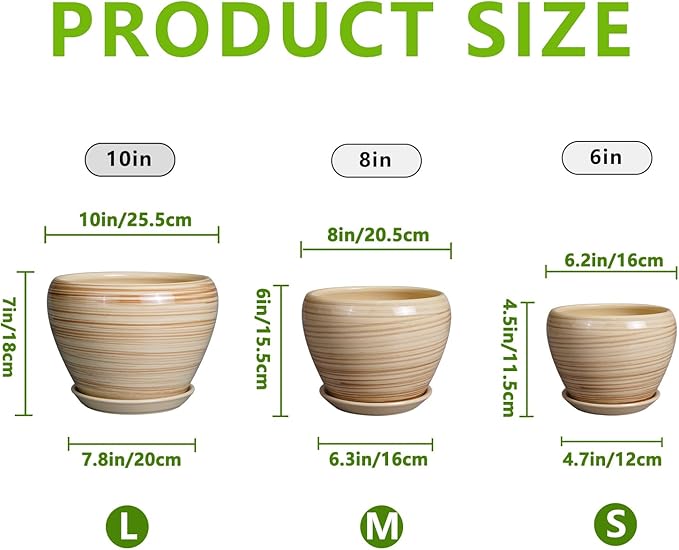 Ceramic Pots for Plants - 10 Inch 8 Inch 6 Inch Plant Pots with Drainage Holes and Saucers Large Planters for Indoor Plants Decorative Outdoor Flower Pots Set of 3 Yellow