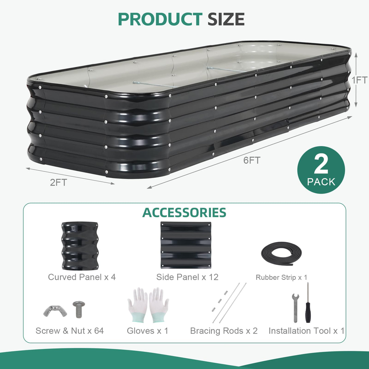 BIRDSINYARD 4 in 1 Galvanized Raised Garden Bed, 6x2x1ft, 2Pack, Grey
