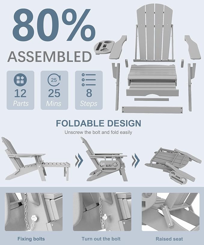 Adjustable Adirondack Chair with Retractable Ottoman Set of 8, HDPE Folding Adirondack Chair with Cup Holder, All Weather Fire Pit Chair for Outdoor.