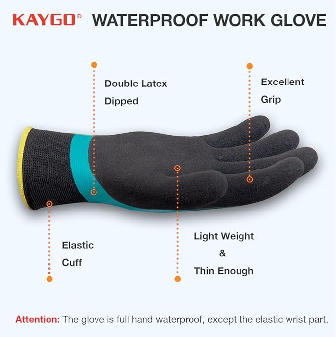 KAYGO Waterproof Work Gloves for Men and Women, Rubber Coated Non-slip Working Gloves for Garden, Outdoor Construction,KG150,Blue,S
