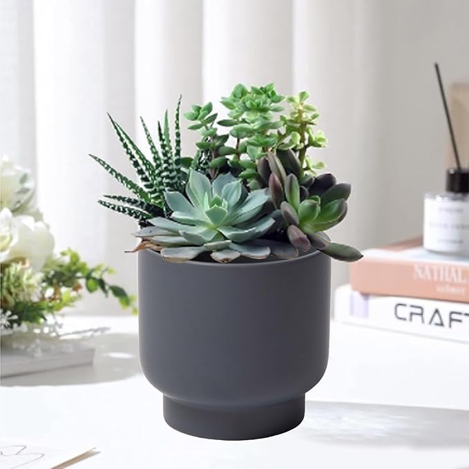 LB Grey Ceramic Planters for Indoor Plants, Succulent Plant Pots Ceramic Flower Pots, Modern Plant Pot for Living Room Office Home Decor, Round Flower Pot of 4.3 Inch(Plant Not Included)