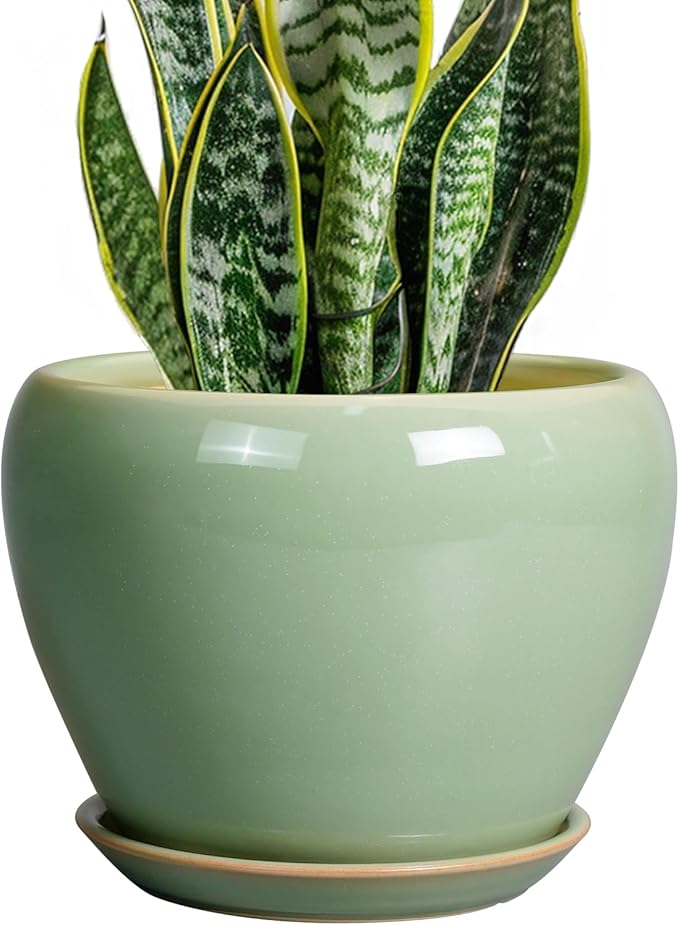 8 Inch Plant Pot - Ceramic Planter for Outdoor Plants Indoor Plant Pot with Drainage Hole and Saucer Mid-Century Round Planter Flower Pot for House Garden Green
