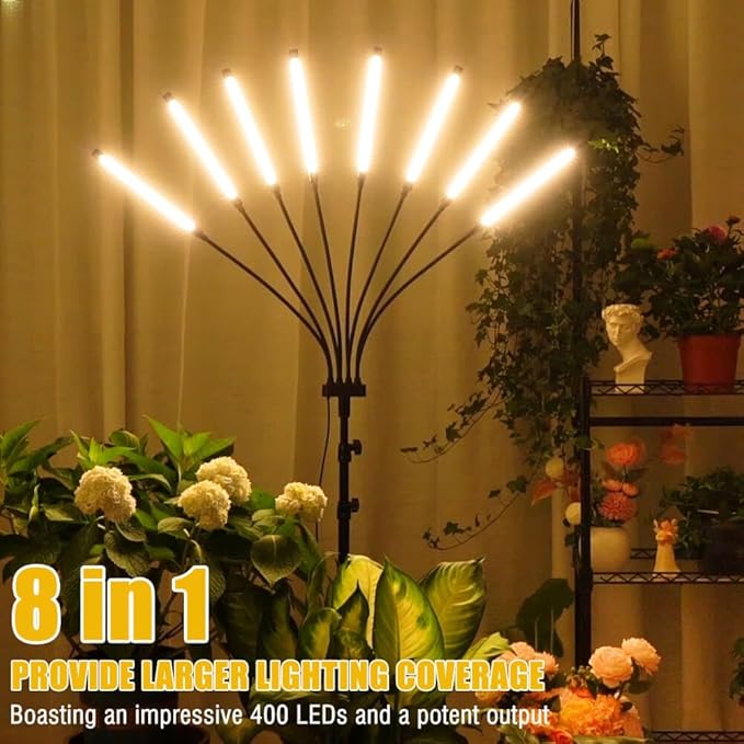Grow Lights for Indoor Plants [ 8 in1 ], Full Spectrum Plant Lights for Indoor Growing with Tripod Stand, Auto On/Off Timing 4/8/12H, LED Grow Lights for Indoor Plants. (Sunlike 8 Arms)