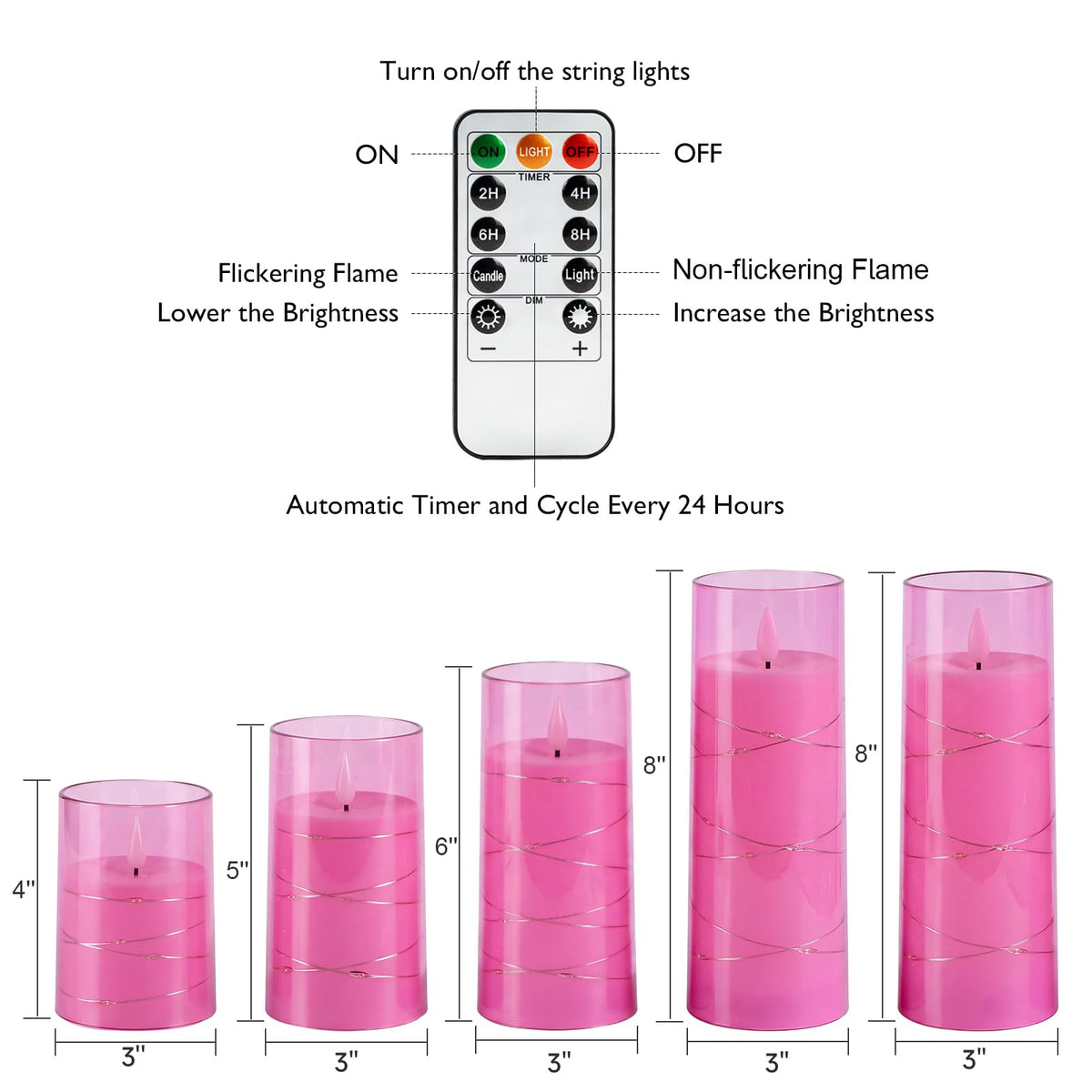 Homemory Flickering Flameless Candles, Pink LED Pillar Candles with Remote