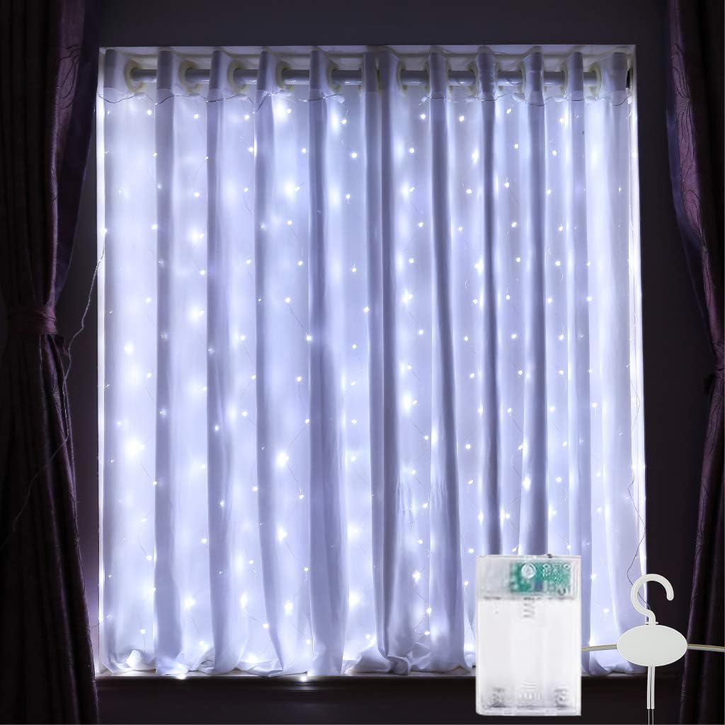 HXWEIYE Short Curtain Lights, 3.3x5FT 96LED, Battery Powered, Timer