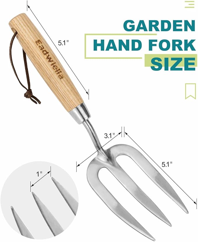 Garden Fork Hand Tool Small Weeding Fork 12 Inch with 3 Pointed Tines Wood Handle for Gardening Weeding Cultivating Digging Planting Transplanting Aerating Loosening Hard Soil Mixing Additives