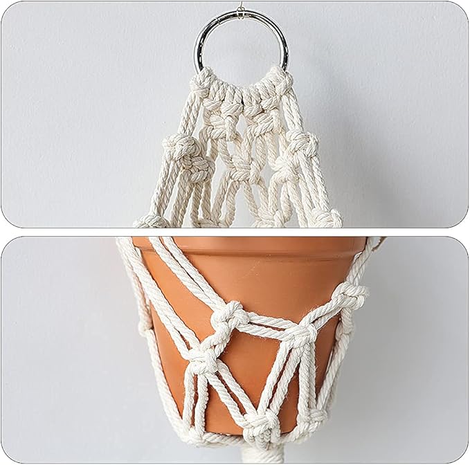 Artilady Boho Macrame Plant Hangers - Handmade Hemp Rope Hanging Baskets for Indoor Plants with Ceiling Hooks, Bohemian Home Decor Outdoor Wall Art (White Hanger)